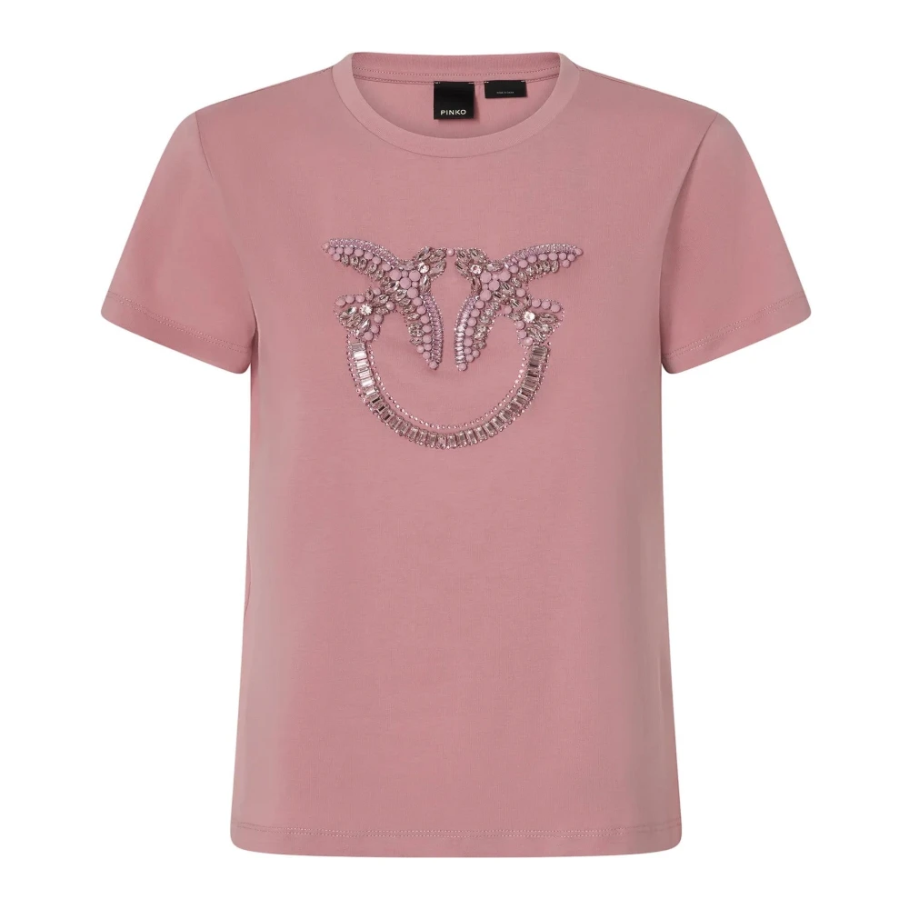 Pinko Love Birds Geborduurd Jersey T-shirt Pink Dames