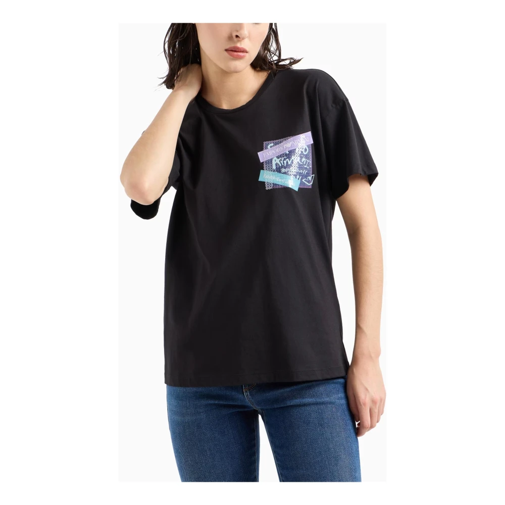 Emporio Armani Zwarte T-shirts en Polos met Paillet Logo Print Black Dames