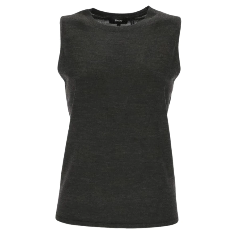 Theory Wollen Mouwloze Top Zwart Geribbelde Randen Gray Dames