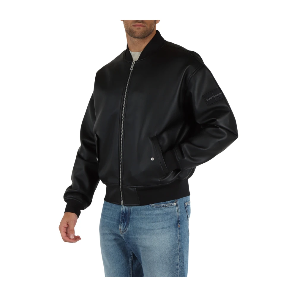 Calvin Klein Jeans Bomberjack van imitatieleer met logopatch Black Heren