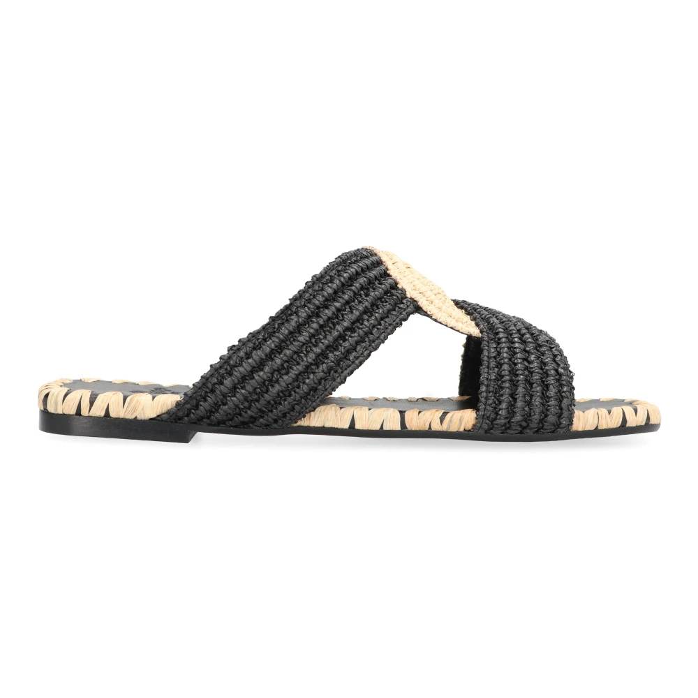 Castañer Raffia Square Toeline Slides Black, Dam