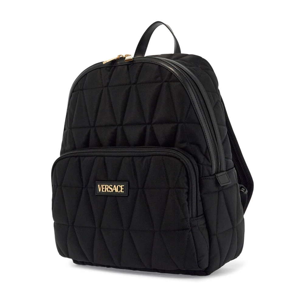 Versace Gewatteerde Nylon Rugzak met Gouden Logo Black Heren
