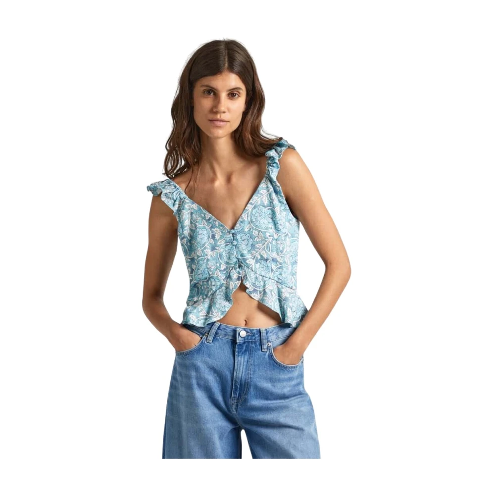 Pepe Jeans Women's Multicolor Blouses, L, Floral Linen Top With Ruffles