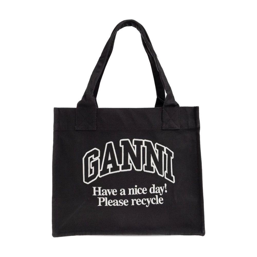 Ganni Women's Black Shopping Bags, One Size, Logo Canvas Tote Bag