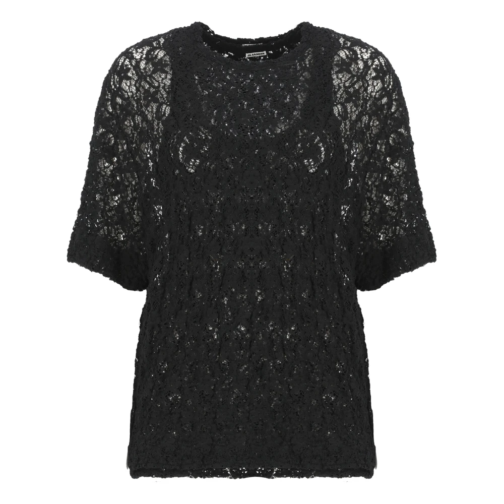 Jil Sander Zwart Kant Top Ronde Hals Korte Mouw Black Dames