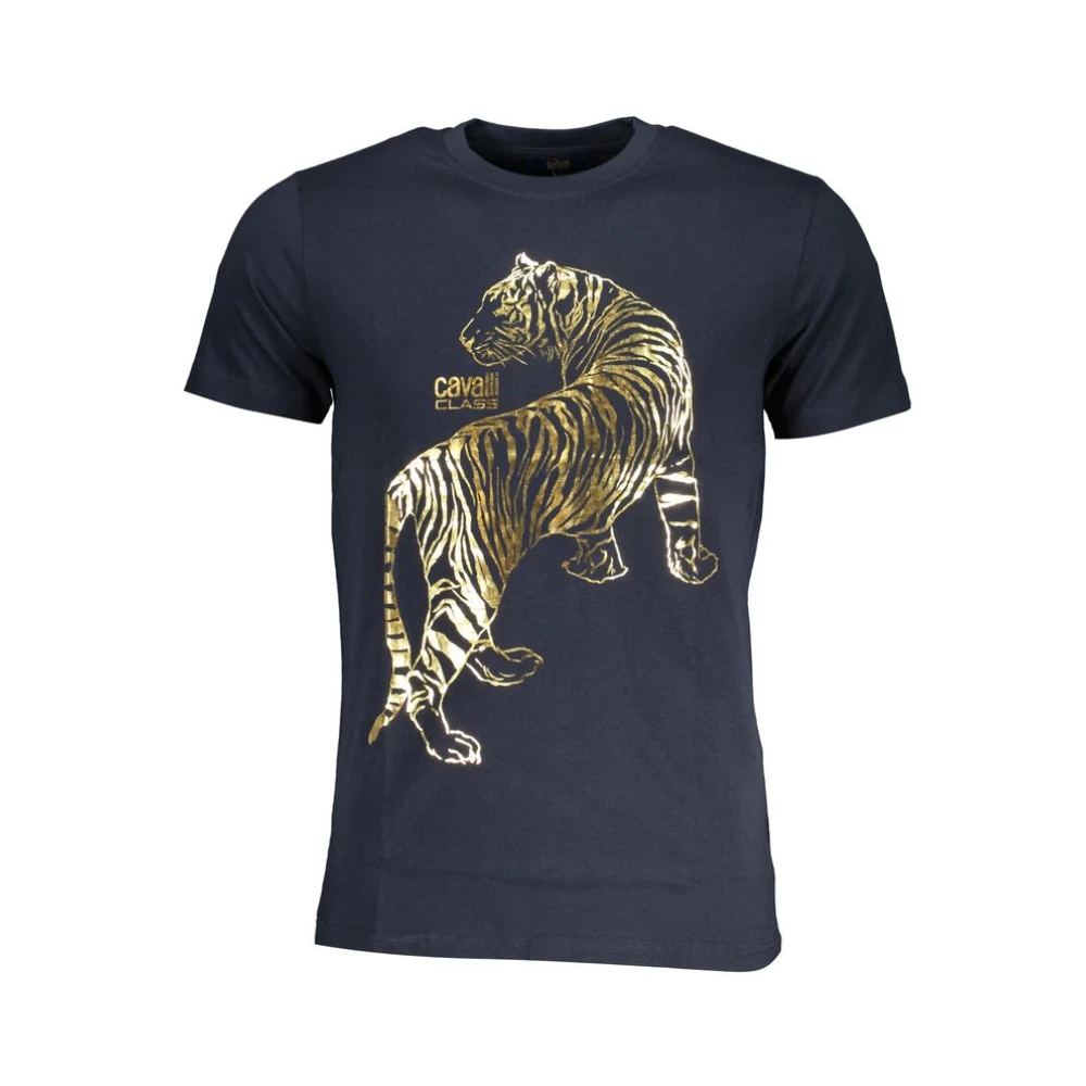 Cavalli Class , T-Shirts, Male, Blue, L, Print Logo Round Neck T-Shirt