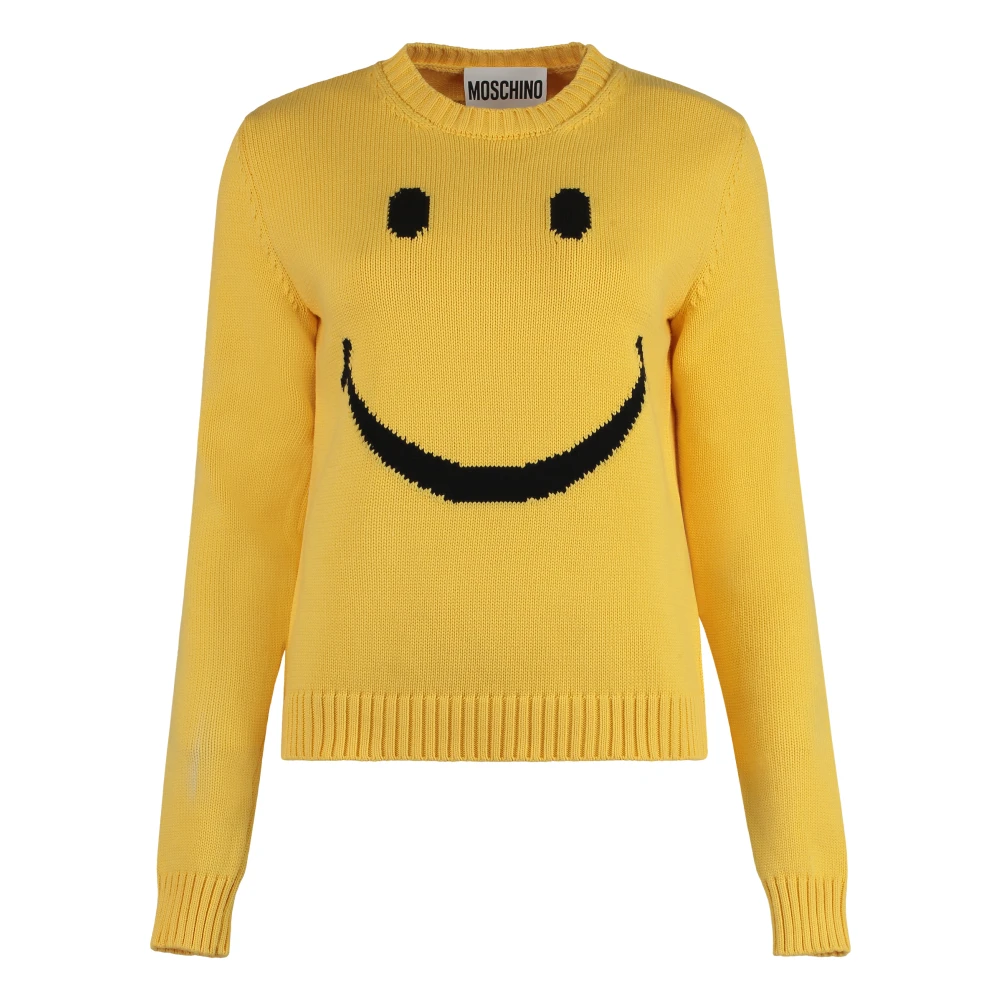 Moschino Women's Yellow Round-Neck Knitwear,, Cotton Blend Crew-Neck Jumper With Smiley Small