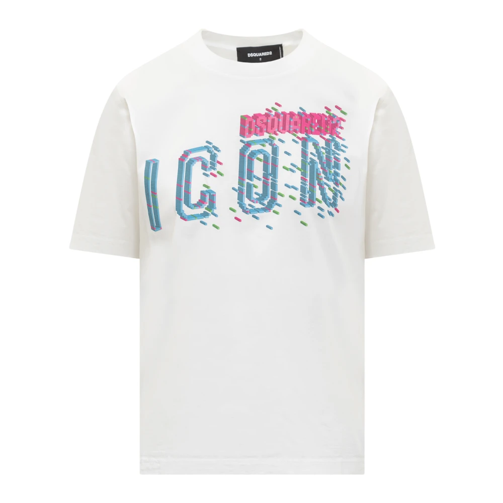 Dsquared2 White T-Shirts, Female, S, Crewneck T-Shirt With Icon Pixeled Print