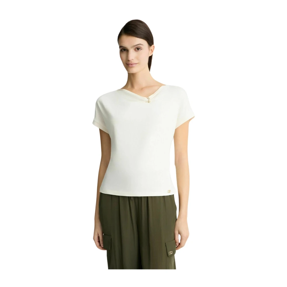 Liu Jo Asymmetrisch Katoenen T-shirt met Juweeldetail Beige Dames