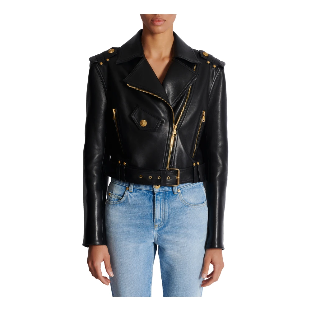 Balmain Leren bikerjack met rits Black Dames