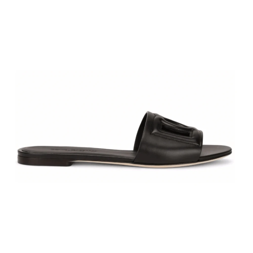 Dolce & Gabbana Vrouw Zwart Schoenen Dames, 36 Eu, Leer, Kalfsleren Slippers Met Uitgesneden Logo