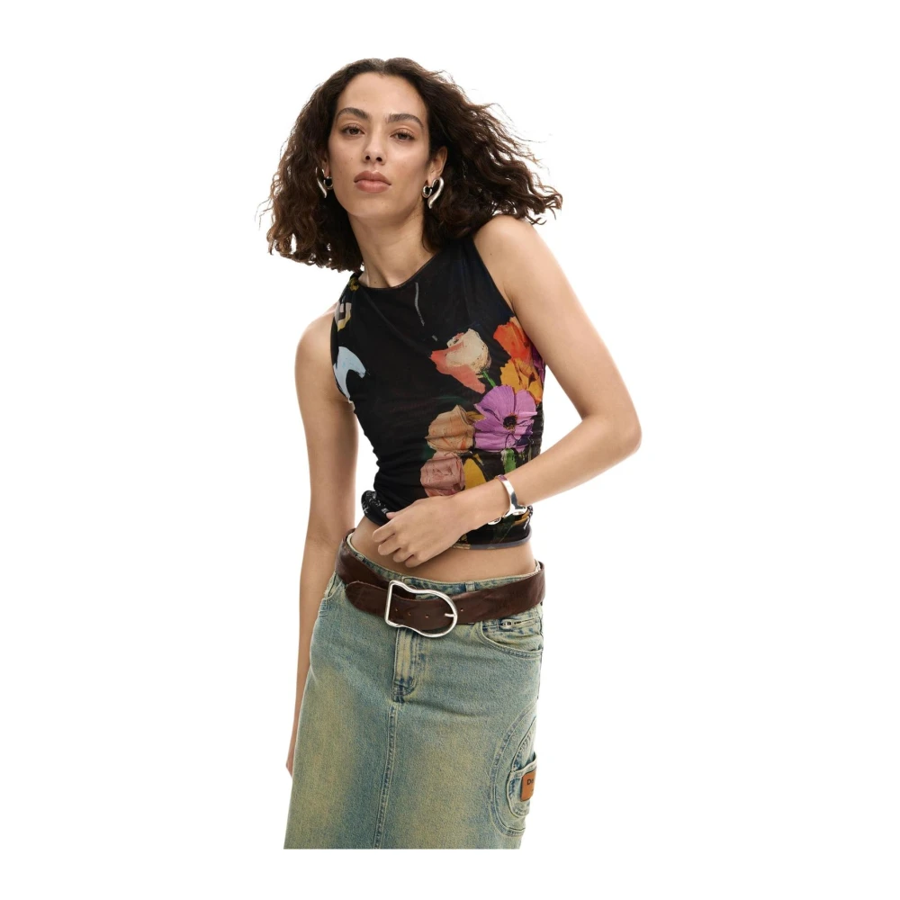 Desigual Donna Nero Top Girocollo Senza Maniche Con Motivo Floreale