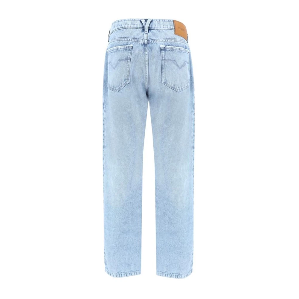 Versace Katoenen Straight Fit Jeans met leren patch Blue Heren