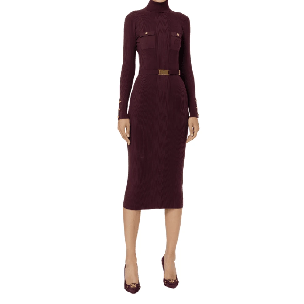 Elisabetta Franchi Räfflad Stickad Midi Klänning Röd Svart Bordeaux Red, Dam