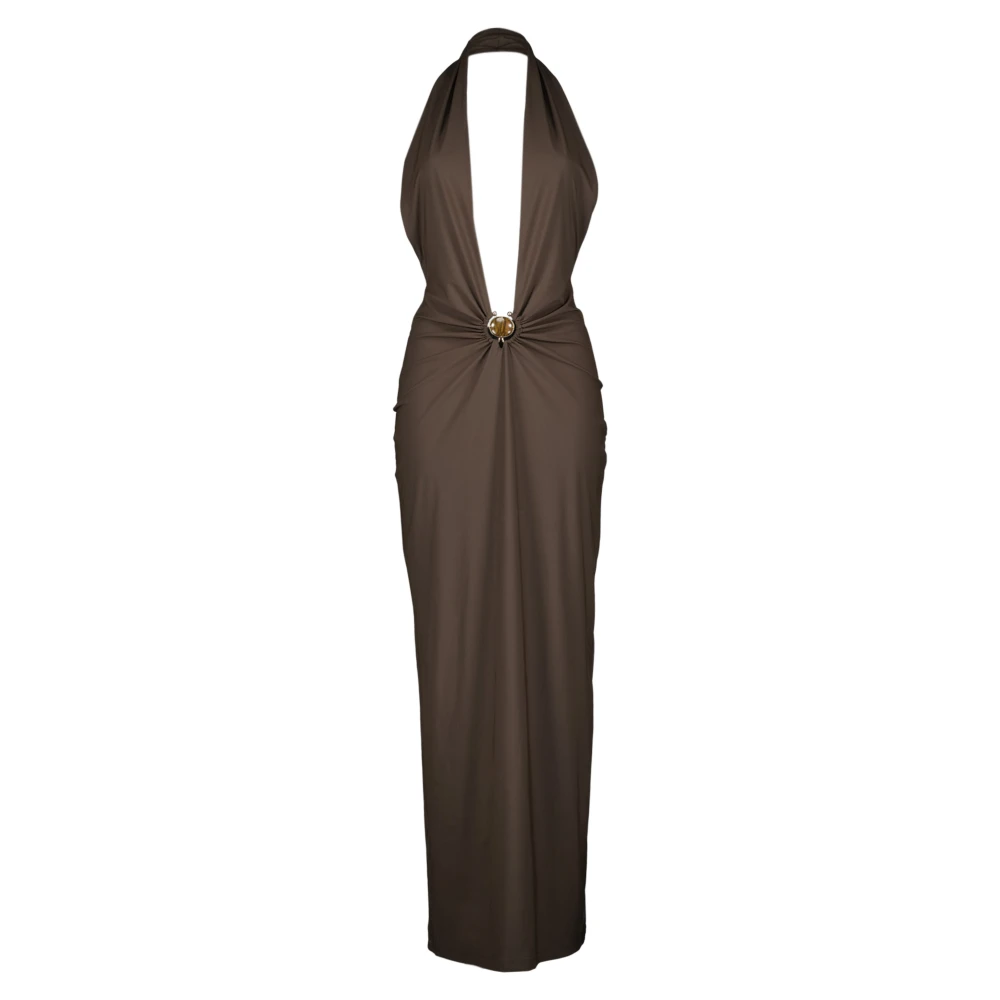 Christopher Esber Women's Brown Mineral Stone Ruched Halter Lycra Dress - Gowns - M - Dresses