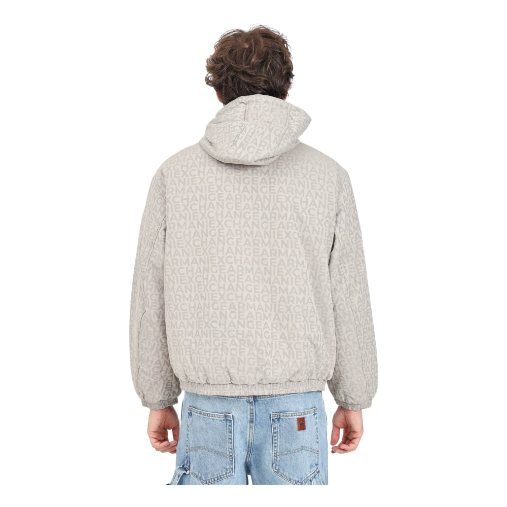 Armani Exchange Beige Puffer Jacket met All-Over Logo Print Gray Heren