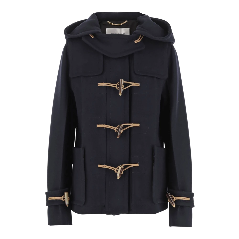 Victoria Beckham Navy Wol Hooded Jas met Frogs Blue Dames