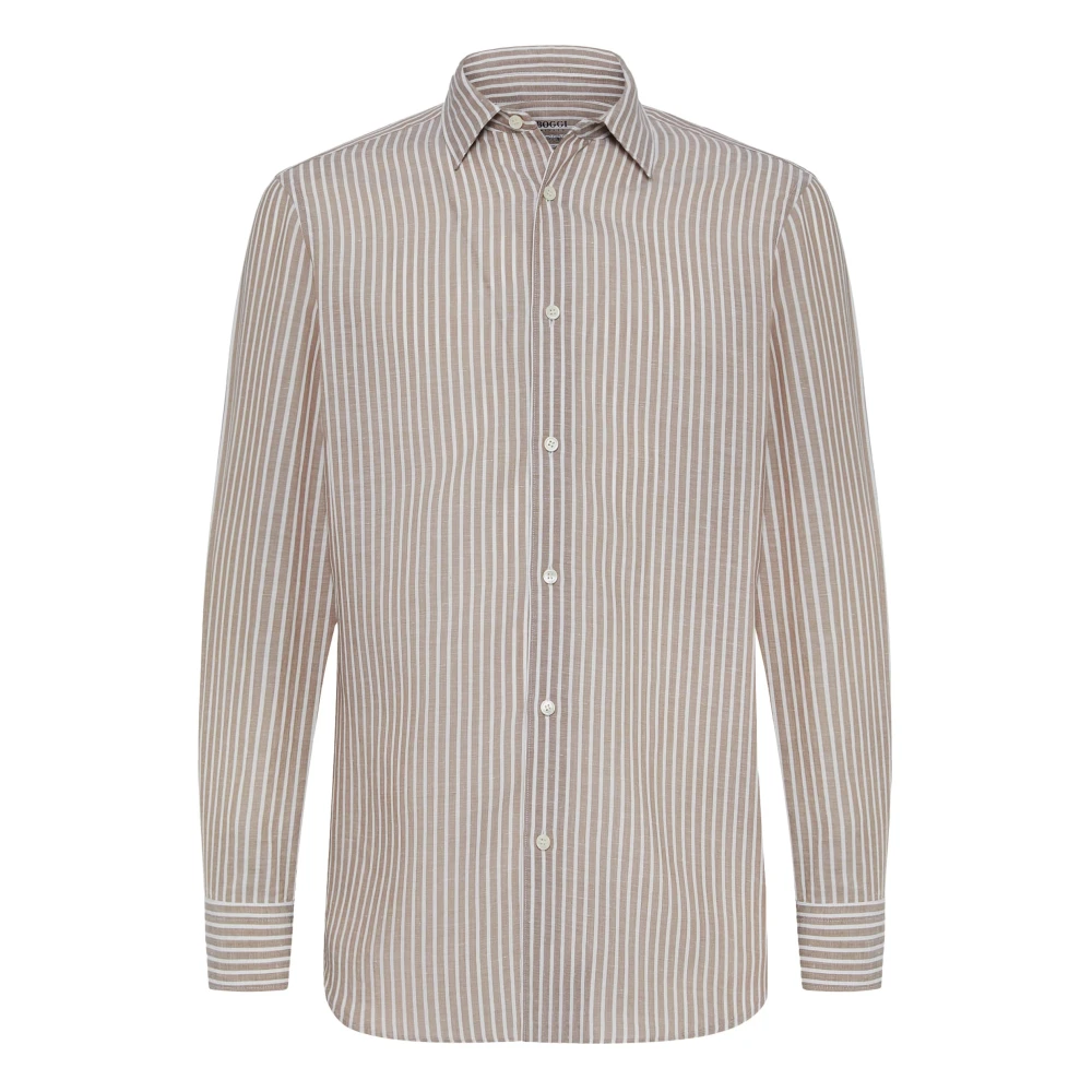 Boggi Milano Regular Fit Gestreepte Tencel Linnen Overhemd Brown Heren