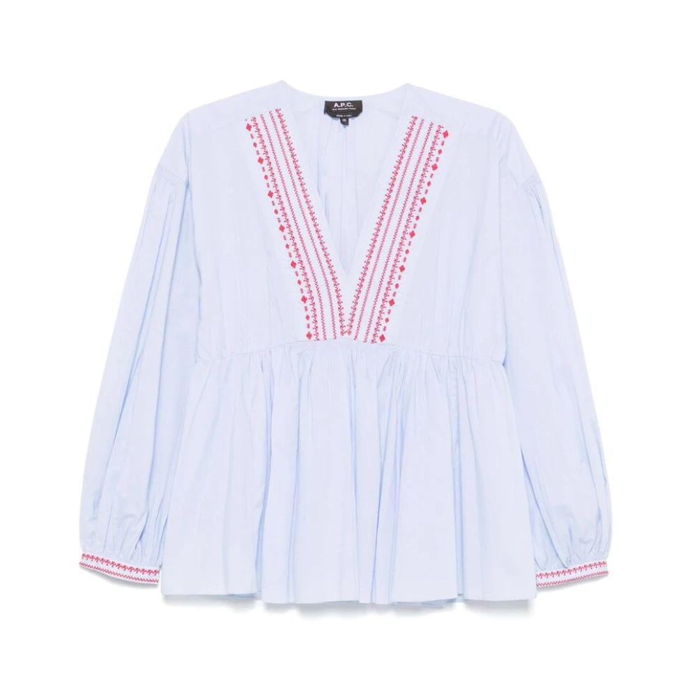 A.p.c. Lichtblauw V-hals Geborduurd Shirt Blue Dames