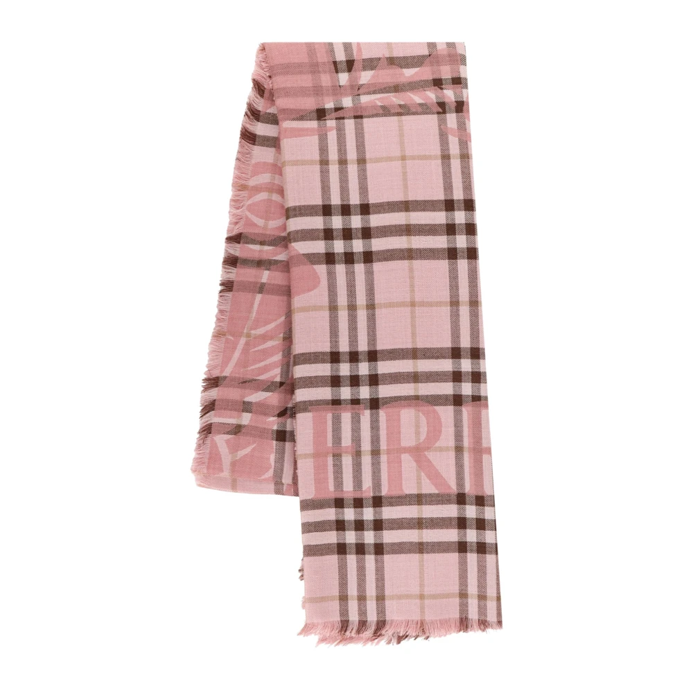 Burberry Women's Pink Winter Scarves, One Size, Wide Ekd Check Wool Silk Scarf