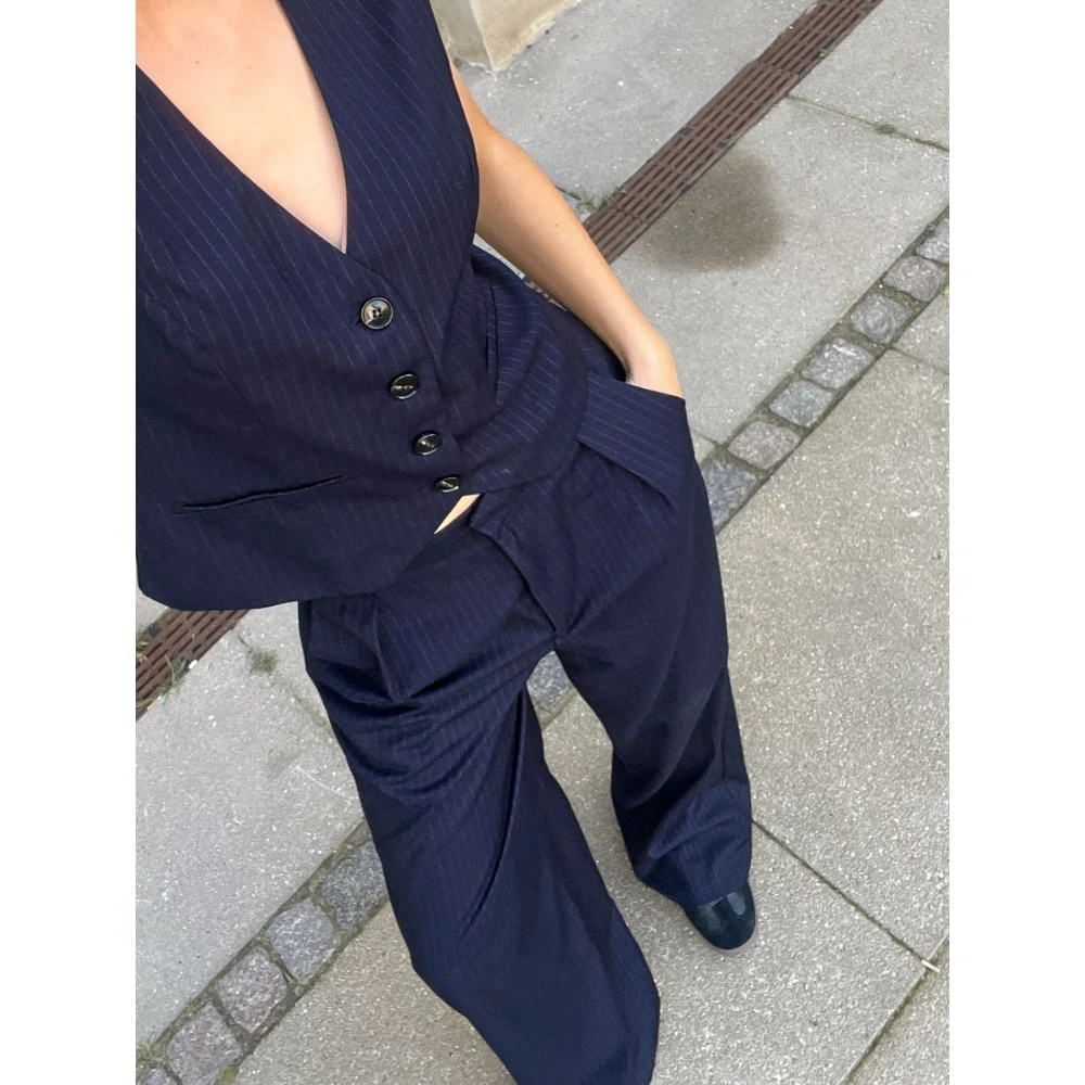 NEO NOIR Pinstripe Wijde Pijp Hoge Taille Broek Blue Dames