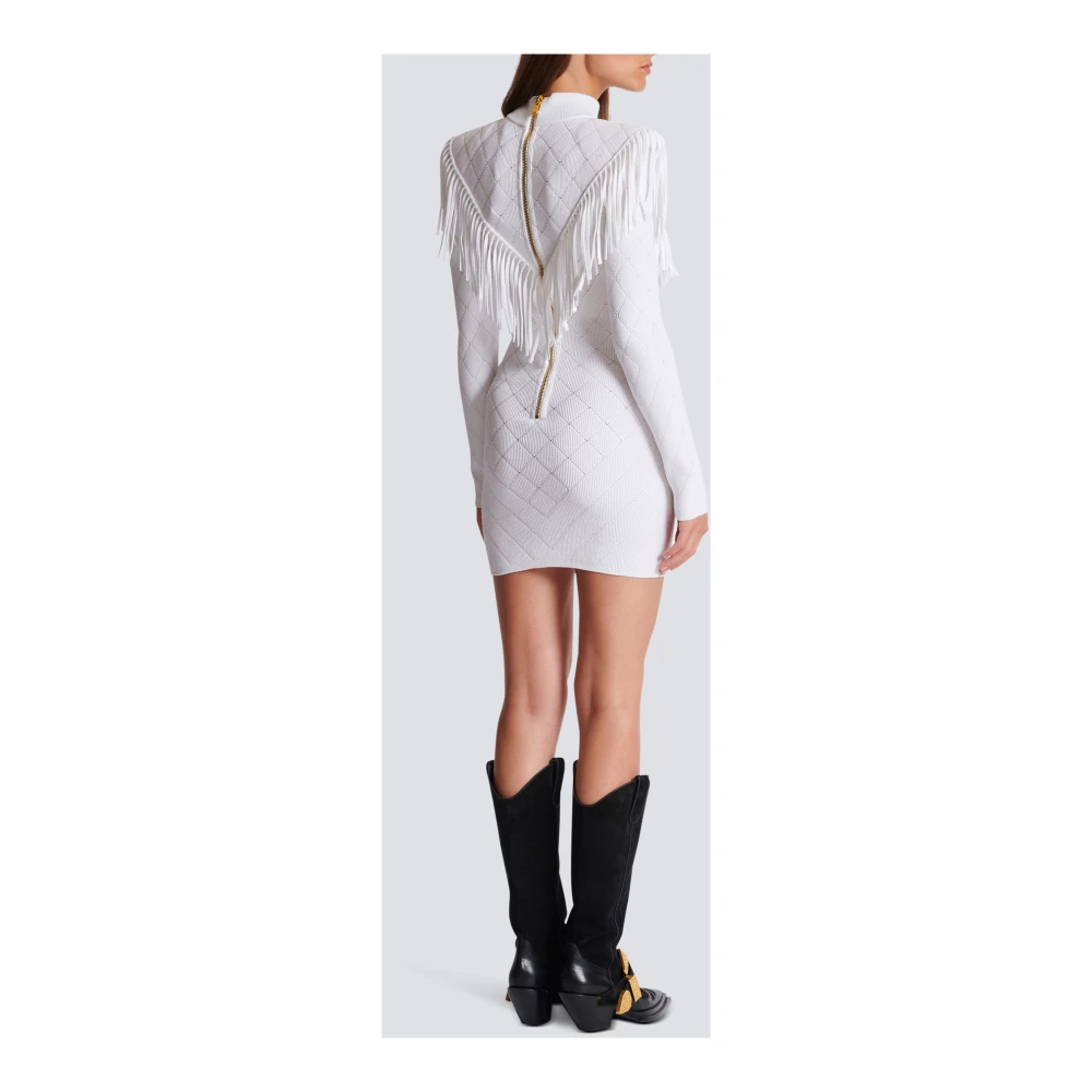 Balmain Kort gefranjerd fijngebreid jurkje White Dames