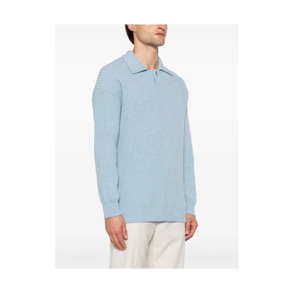 Emporio Armani Lichtblauwe Ribgebreide Polo Sweater Blue Heren
