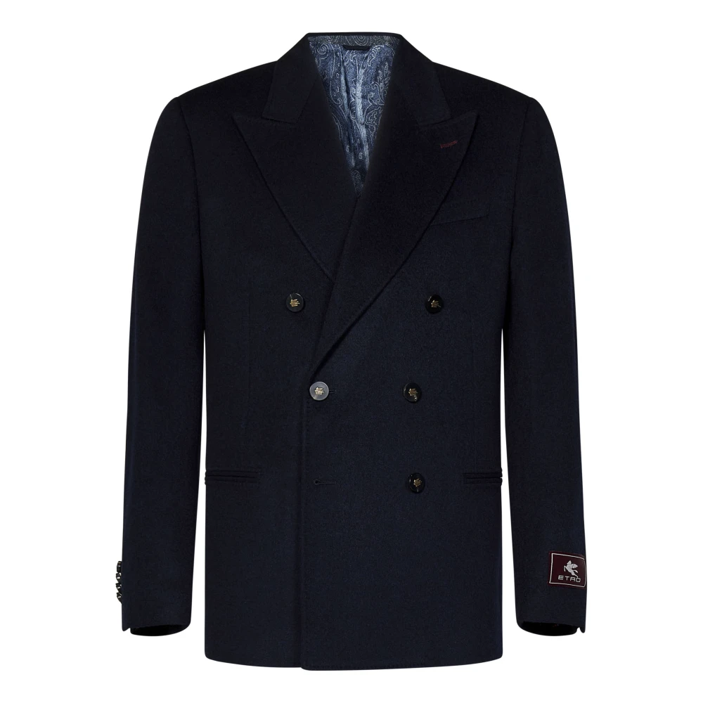 ETRO Blauwe Double-Breasted Cashmere Jas Blue Heren
