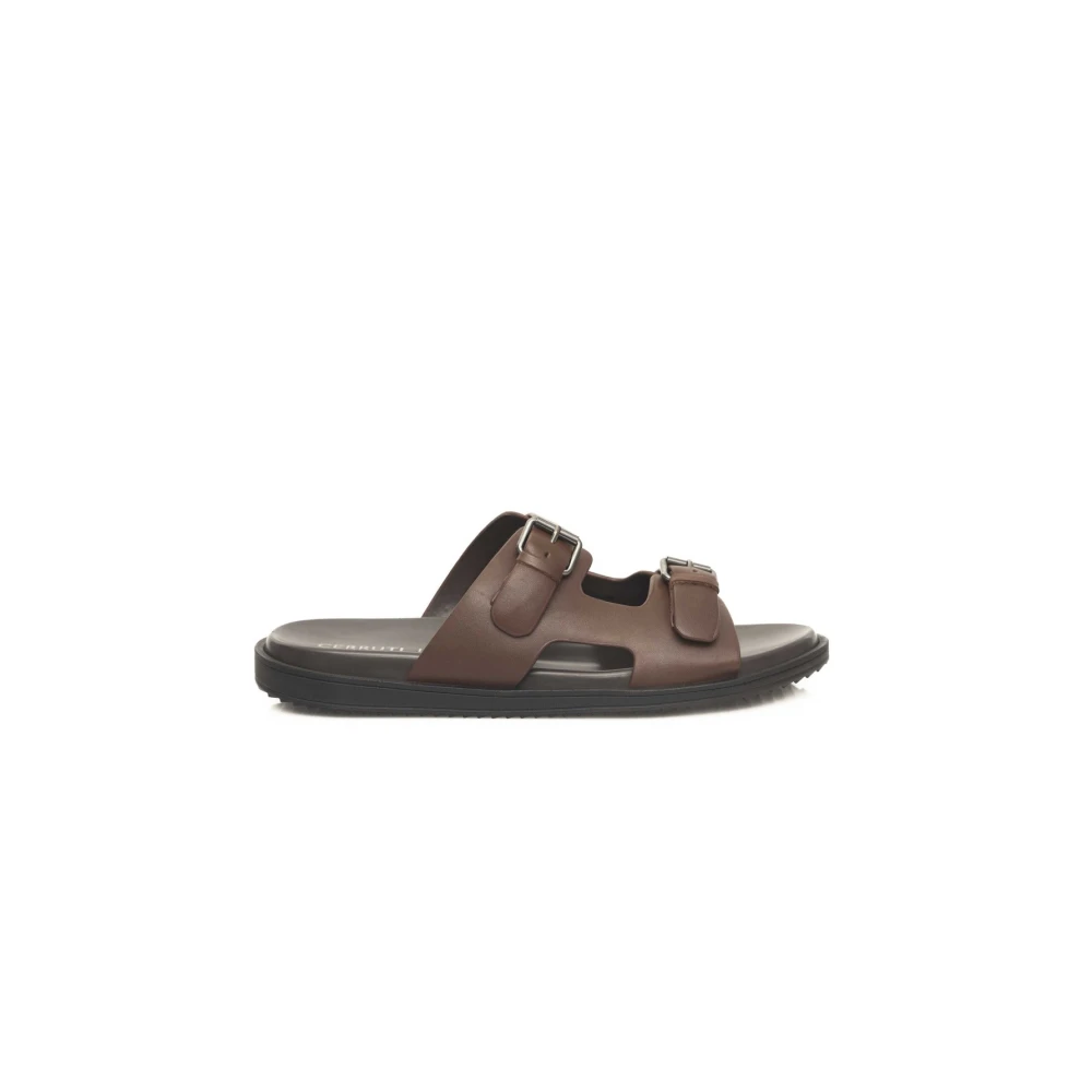 Cerruti 1881 Men's Brown Sliders, 7 Uk, Leather Sandals With Wide Buckle Straps