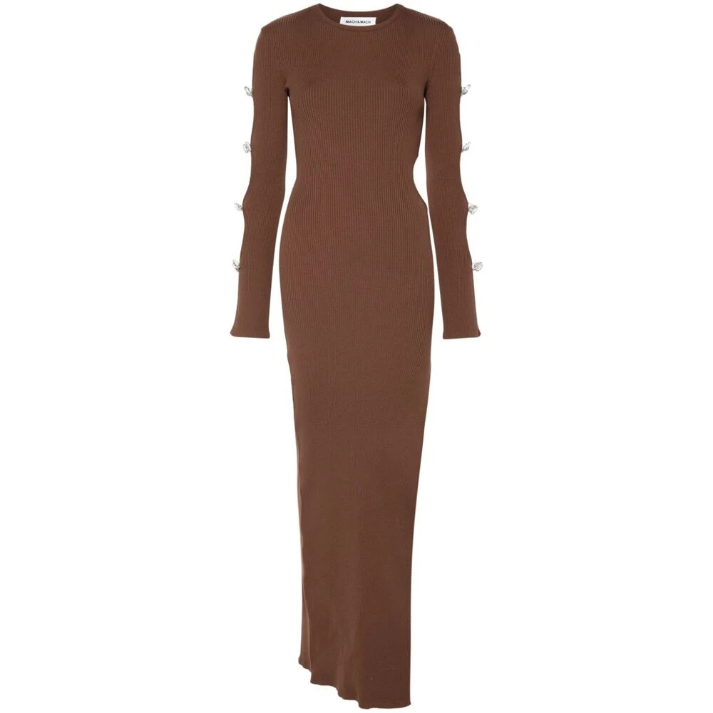 Mach & Mach Kristalversierde Geribbelde Gebreide Jurk Brown Dames