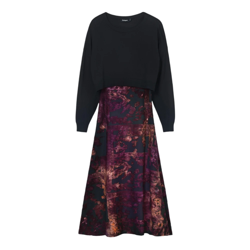 Desigual Zwarte Bedrukte Jurk met Lange Mouwen Multicolor Dames