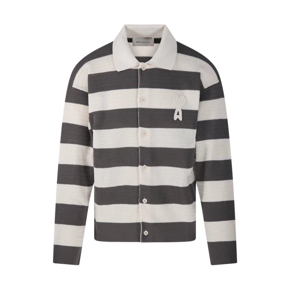 Ami Paris Men's Beige Cardigans, L, Shirt Collar Cardigan With Adc Patch