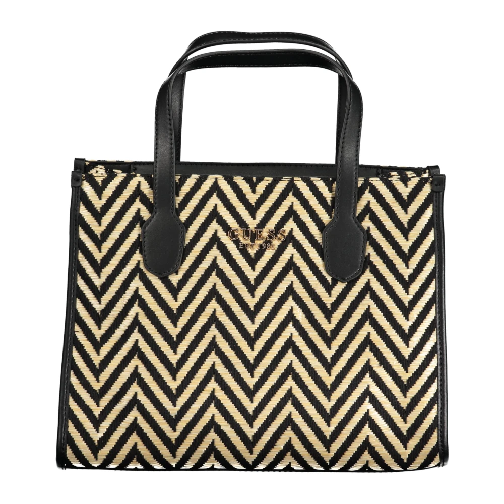 Guess Zwarte Katoenen Handtas Silvana Verstelbare Band Meerdere Compartimenten Black Dames