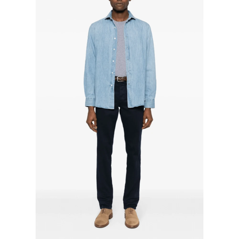 BRUNELLO CUCINELLI Lichtblauwe Denim Spread Kraag Shirt Blue Heren