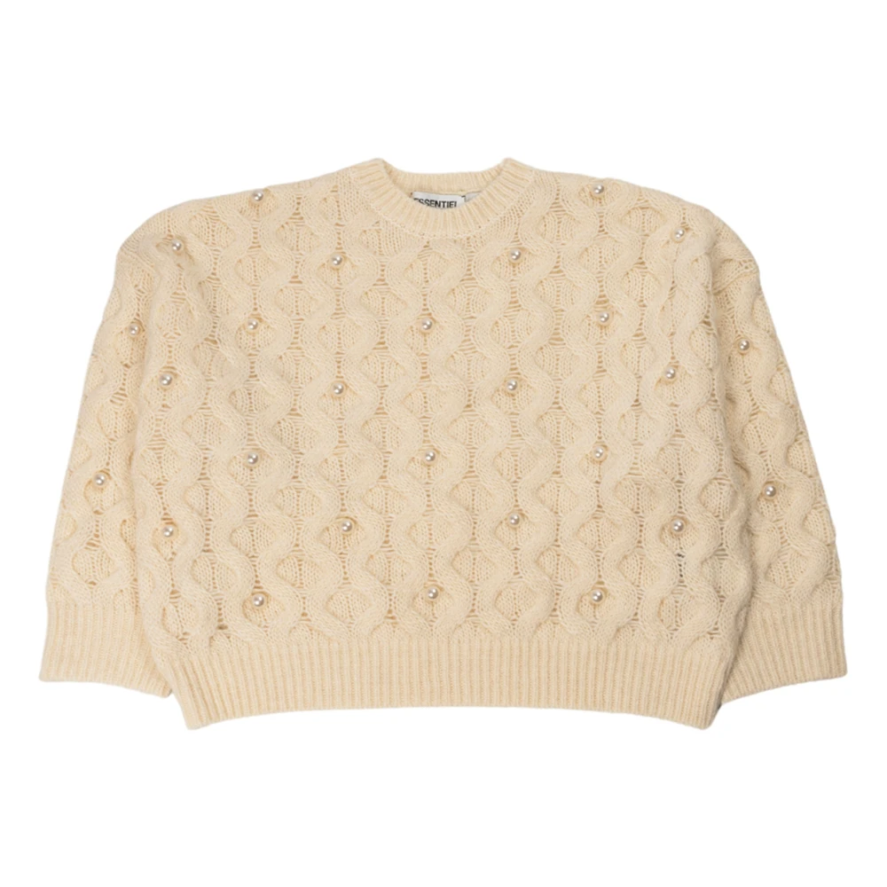 Essentiel Antwerp Chunky Cable Gebreide Trui met Parelversieringen Beige Dames