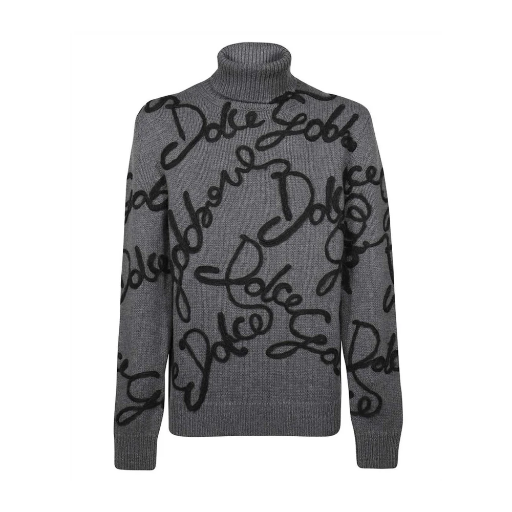 Dolce & Gabbana Heren Roll Neck Jumper met Geborduurd Logo Gray Heren