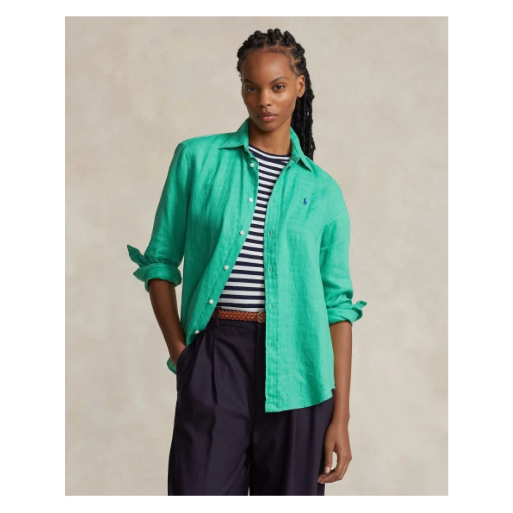 Polo Ralph Lauren Casual Linnen Overhemd met Geborduurd Logo Green Dames