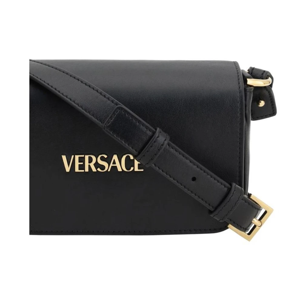 Versace Stijlvolle Leren Schoudertas Magnetische Flap Black Dames