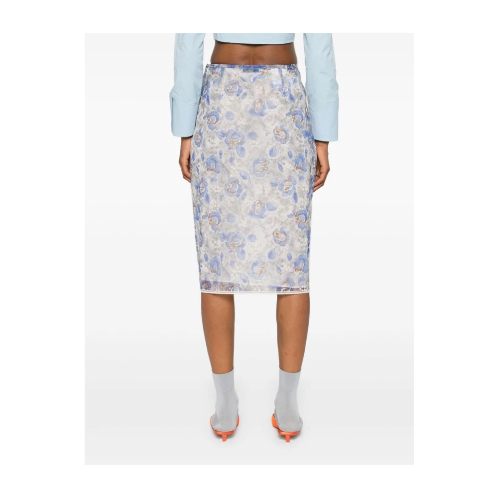 Prada Heldere Blauwe Bloemenpotloodrok Blue Dames