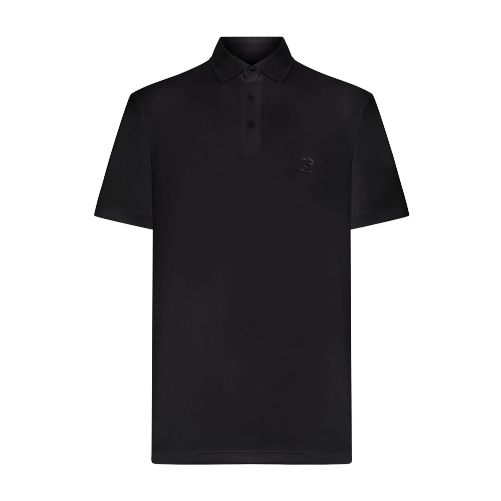 Giorgio Armani , Polo Shirts, Male, Black, M, Pure Cotton Interlock Polo Shirt With Embroidered Logo