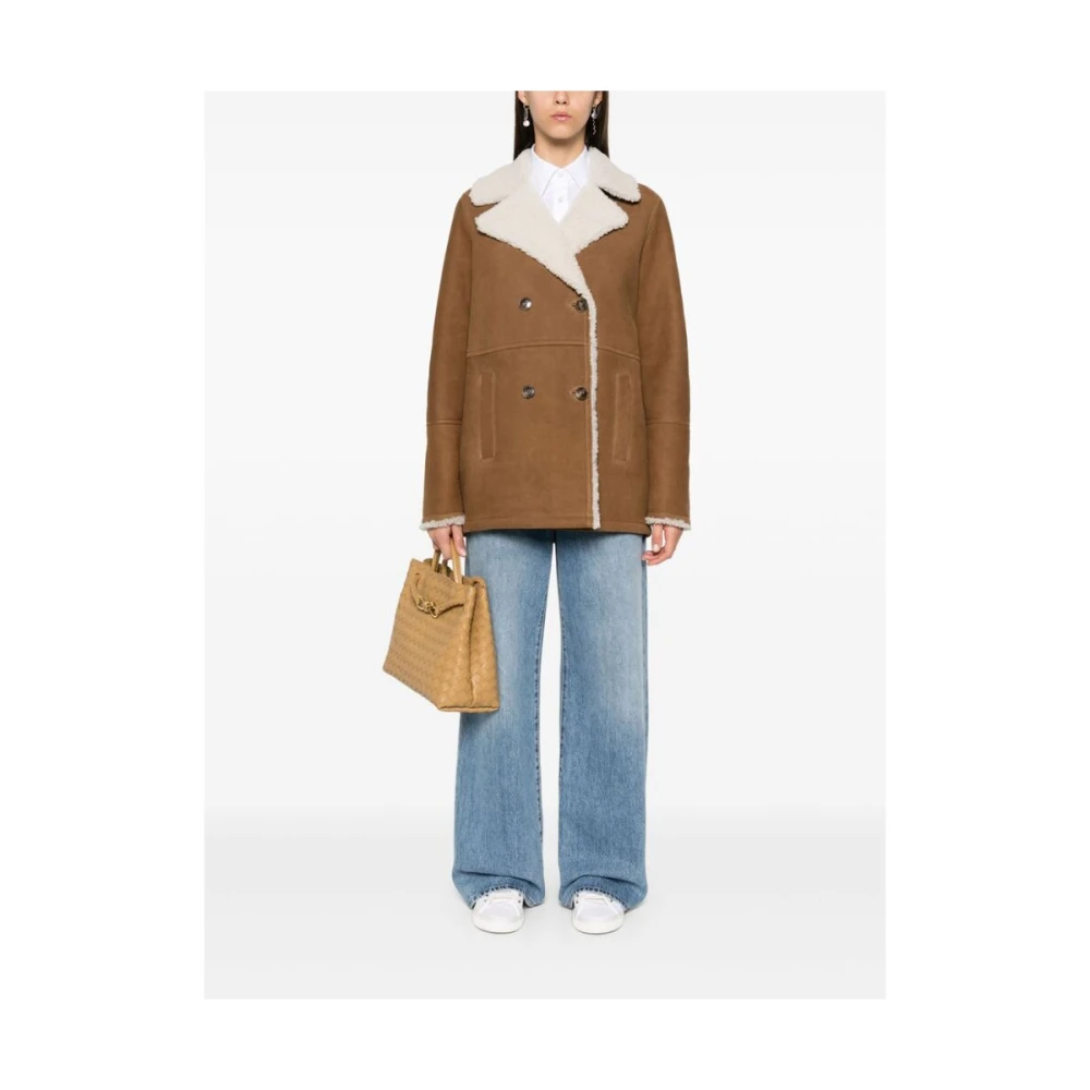Yves Salomon Shearling Trim Double-Breasted Outerwear Brown Dames