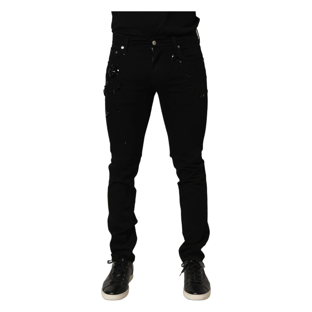Dolce & Gabbana Men's Black Embellished Cotton Skinny Jeans - Slim Fit Jeans - M - Jeans