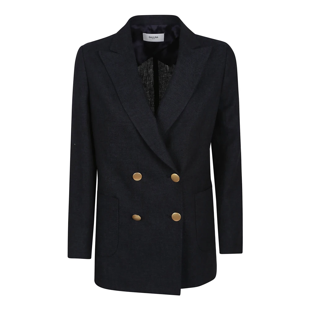 Saulina Blauwe Linnen Double-Breasted Jas Blue Dames