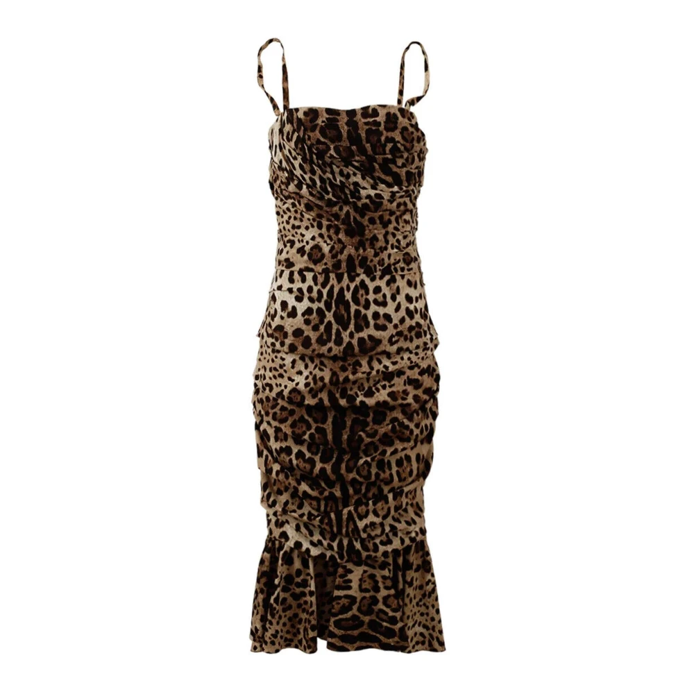 Dolce & Gabbana Luipaardprint Zijden Jurk Mouwloos Kuitlengte Brown Dames