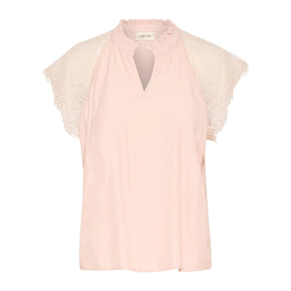 Cream Vrouw Beige Kanten Blouse Met V-Hals En Kanten Mouwen