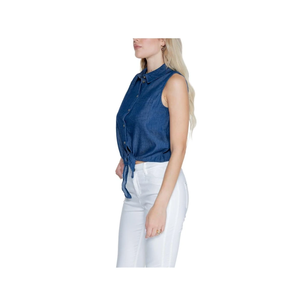 Jacqueline de Yong Blauw Katoenen Mouwloze Strik Voorkant Top Blue Dames