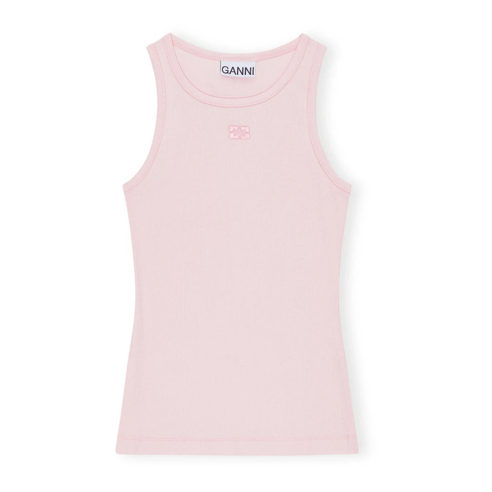 Ganni Rib Tank Top met Front Logo Pink Dames