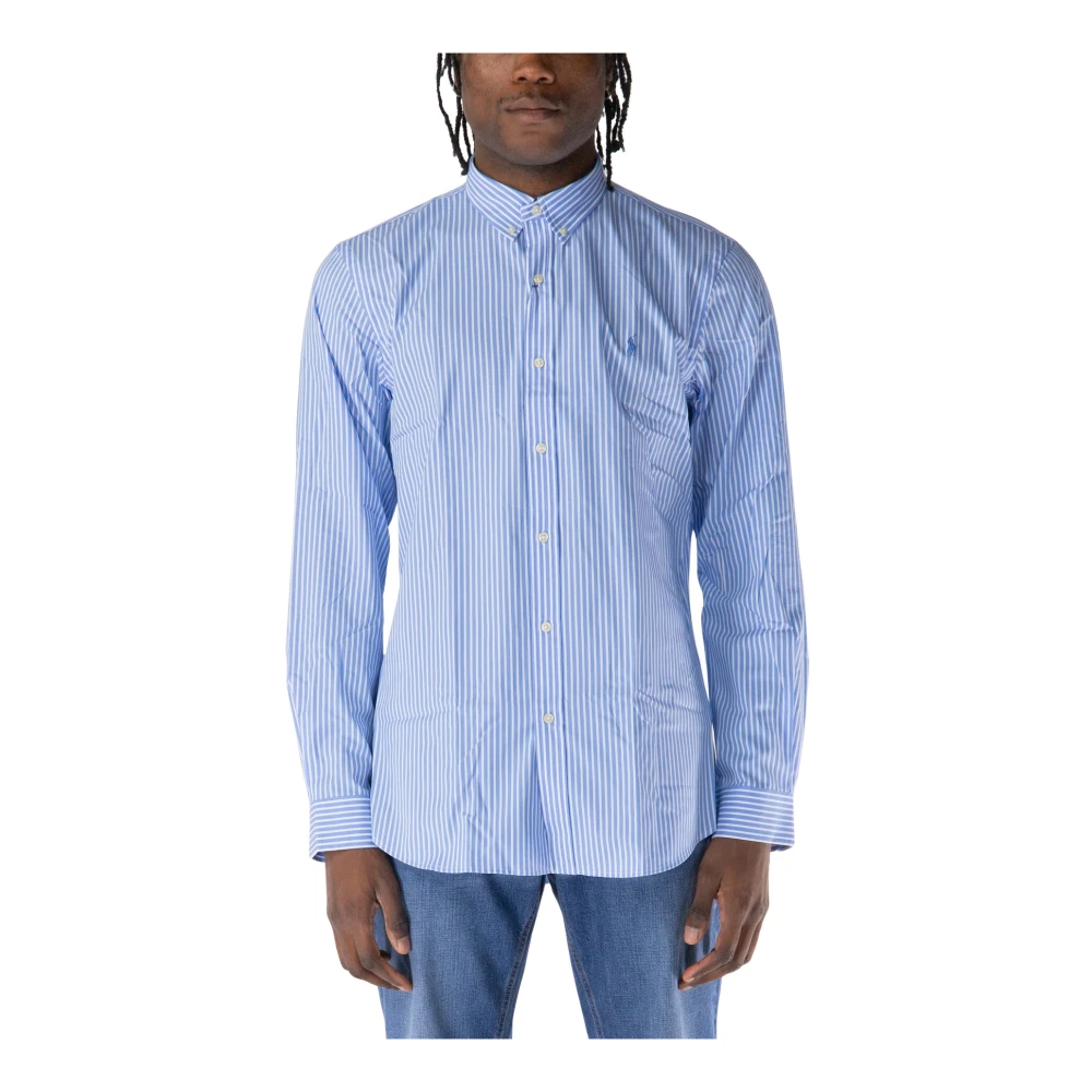 Polo Ralph Lauren Men's Blue Casual Shirts,, Embroidered Logo Striped Shirt Medium