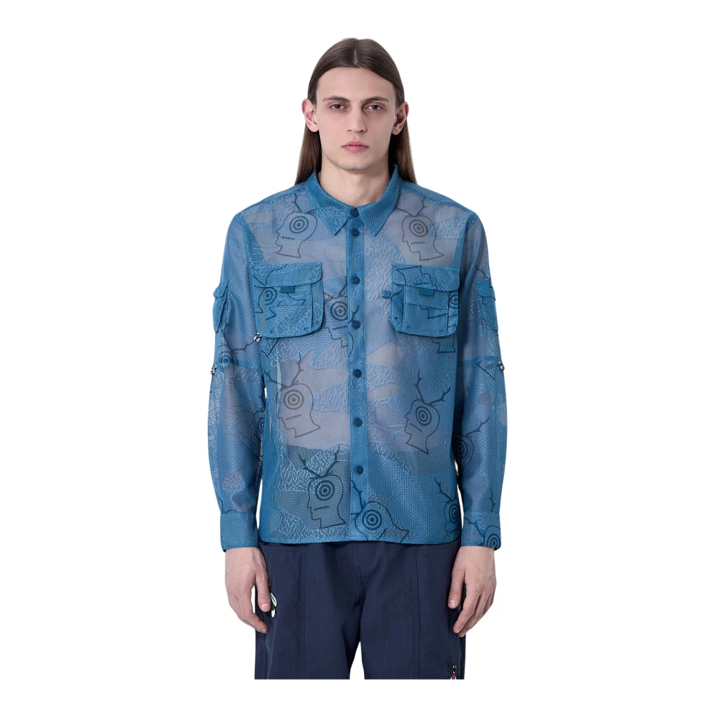 Brain Dead Blue Casual Shirts, Male, L, Logo Print Mesh Fishing Shirt