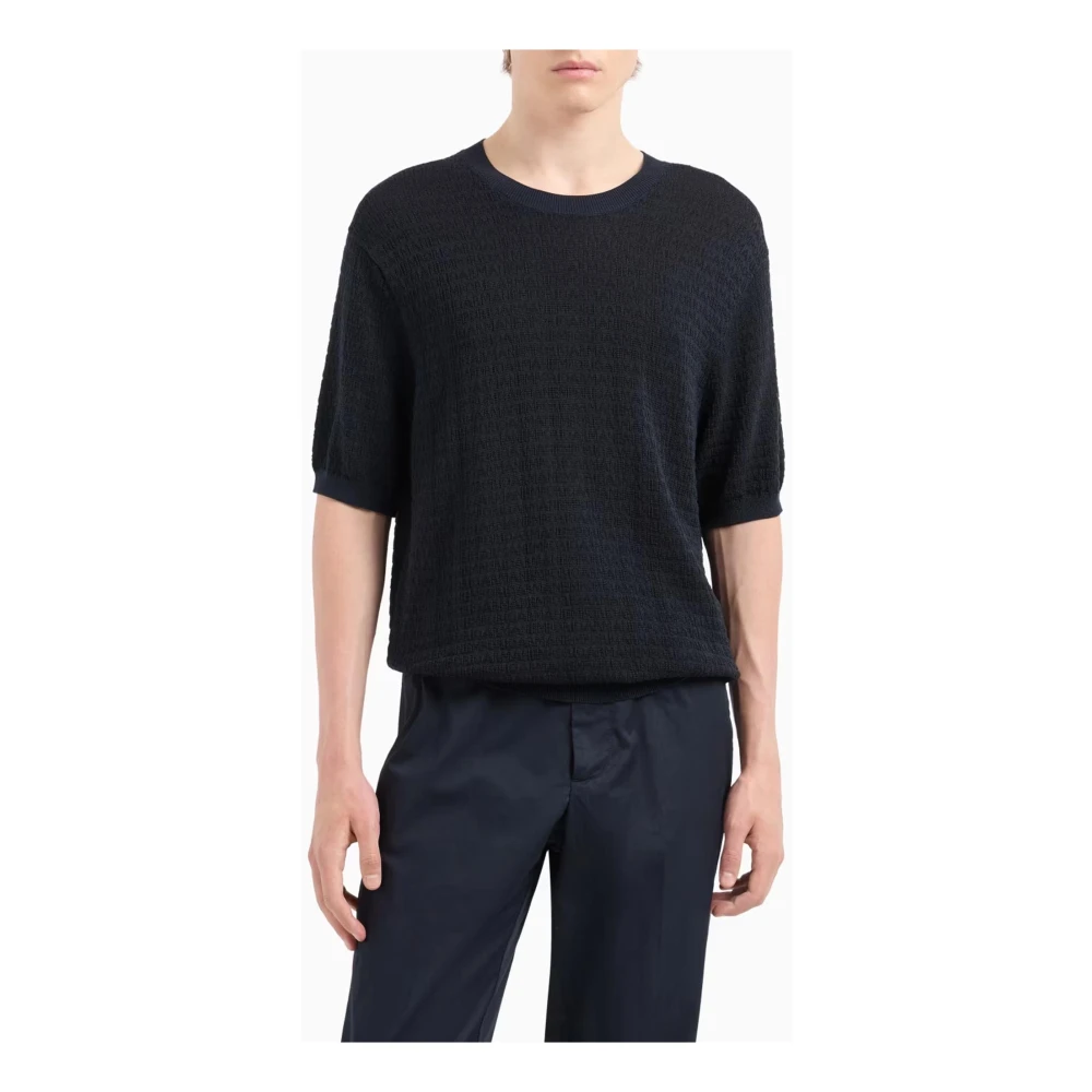Emporio Armani Lettering Intarsio Sweaters Korte Mouw Geribbeld Blue Heren